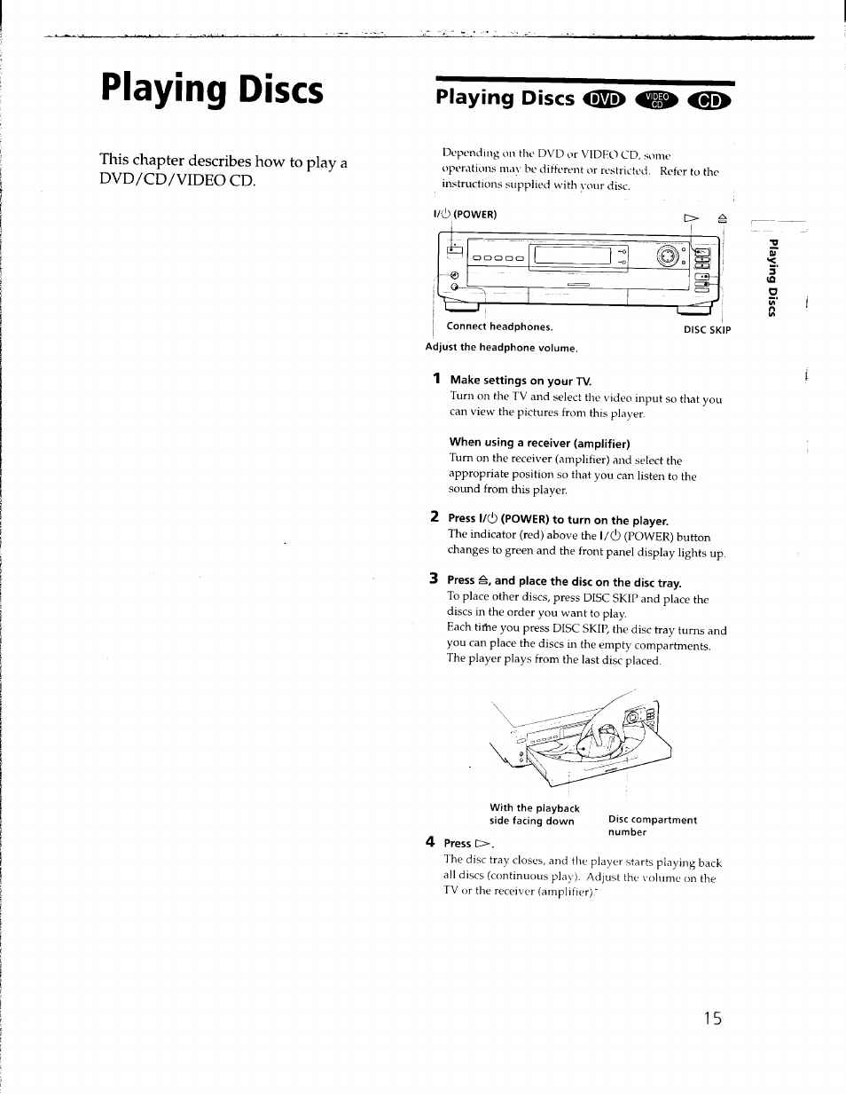 1 make settings on your tv, When using a receiver (amplifier), 2 press l/cl) (power) to turn on the player | 3 press =, and place the disc on the disc tray, Press t, Playing discs | Sony DVP-C650D User Manual | Page 15 / 76