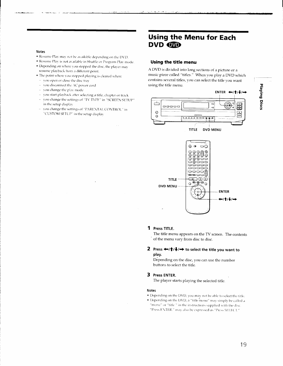Using the menu for each dvd <isb, Using the title menu, 1 press title | 2 press to select the title you want to, Play, 3 press enter, Using the menu for each dvd | Sony DVP-C650D User Manual | Page 19 / 76