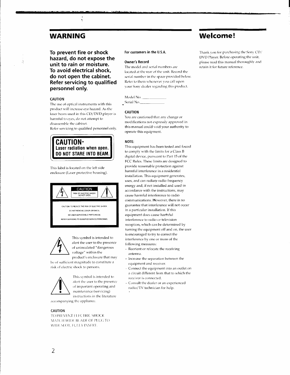 Welcome, Caution, Warning welcome | Sony DVP-C650D User Manual | Page 2 / 76