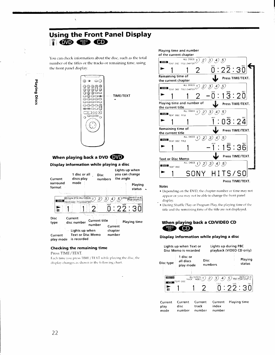 Using the front panel display, If i, When playing back a dvd <iqb | When playing back a cdaaideo cd, Display information while playing a disc, Checking the remaining time | Sony DVP-C650D User Manual | Page 22 / 76