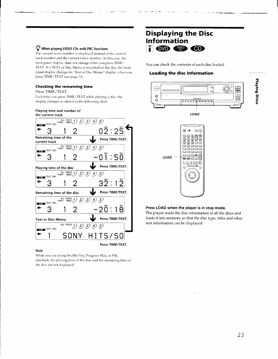 Checking the remaining time, Displaying the disc, Information | Fl 4!q2, Loading the disc information, Press load when the player is in stop mode | Sony DVP-C650D User Manual | Page 23 / 76