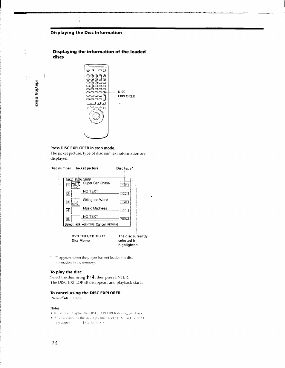 Displaying the disc information, Displaying the information of the loaded discs, Press disc explorer in stop mode | To play the disc, To cancel using the disc explorer | Sony DVP-C650D User Manual | Page 24 / 76