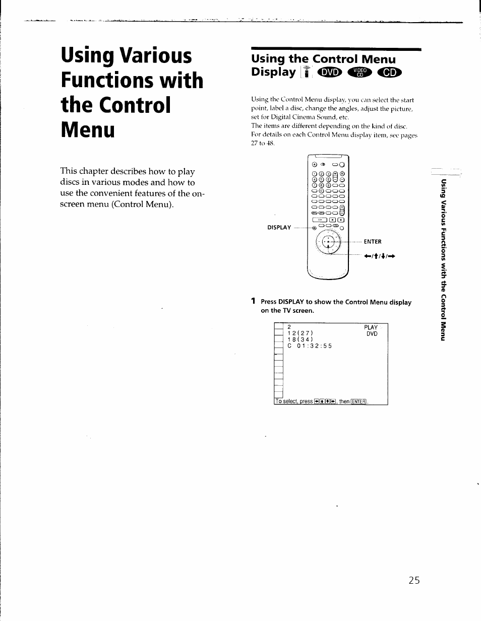 Using the control menu display if ^j|i, Using various functions with the control menu | Sony DVP-C650D User Manual | Page 25 / 76