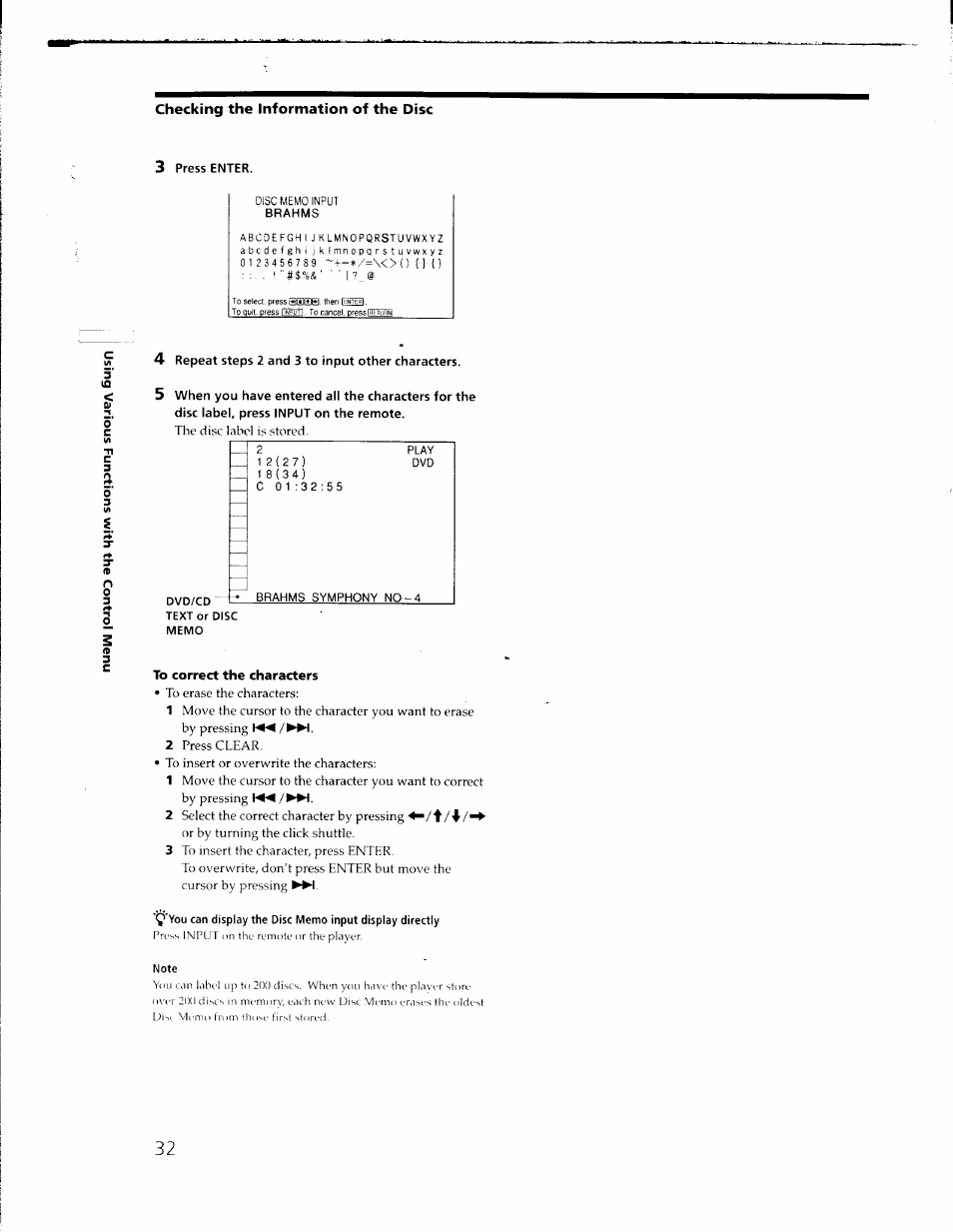 Checking the information of the disc, 3 press enter, 4 repeat steps 2 and 3 to input other characters | To correct the characters | Sony DVP-C650D User Manual | Page 32 / 76