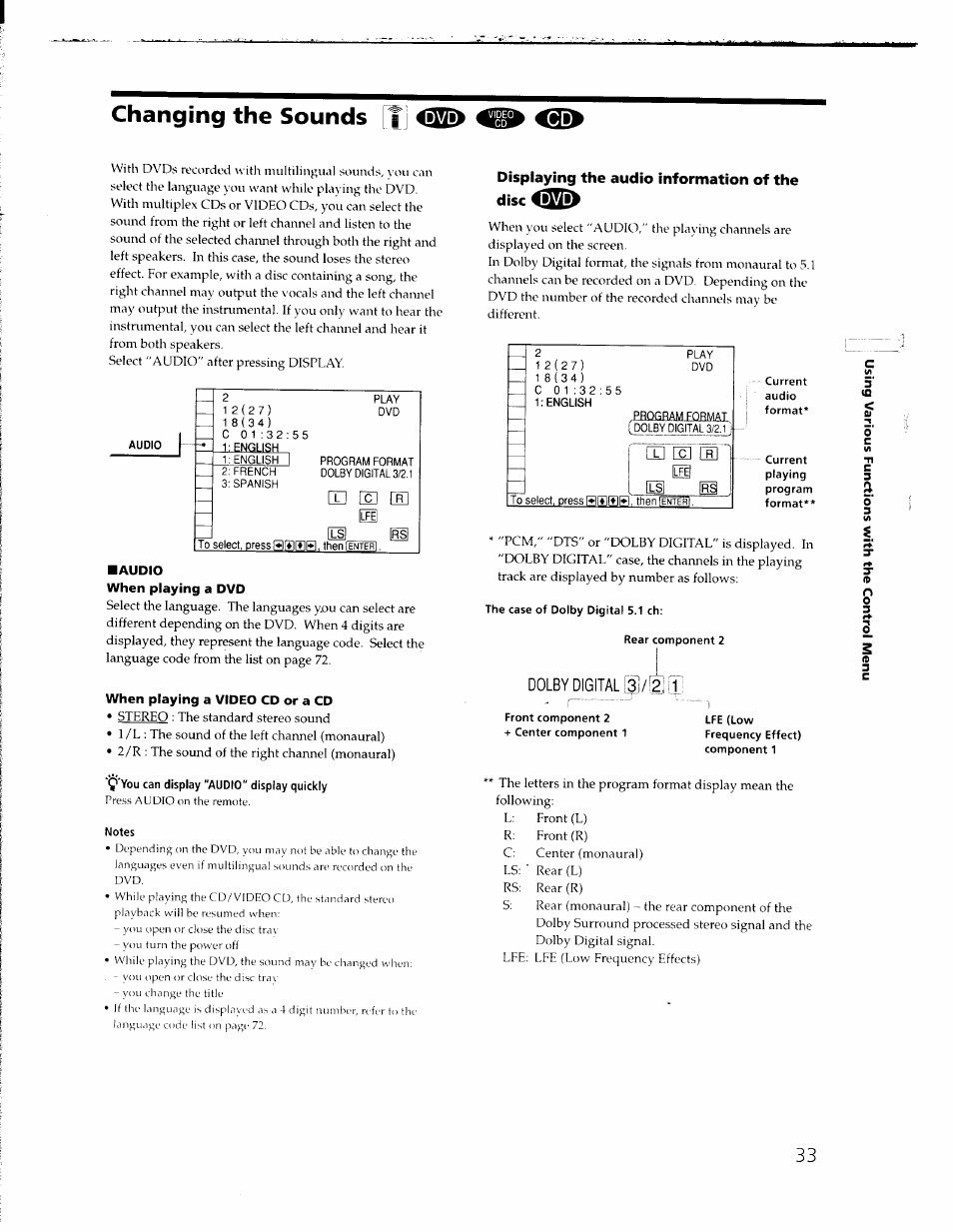 Changing the sounds [ij, Audio, When playing a dvd | When playing a video cd or a cd, 9’you can display 