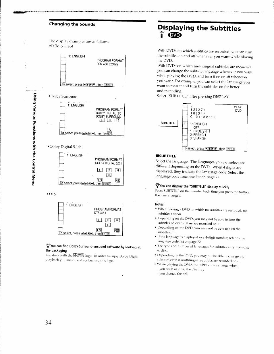 Displaying the subtitles, Subtitle, Ш [a | El eh il, Changing the sounds | Sony DVP-C650D User Manual | Page 34 / 76