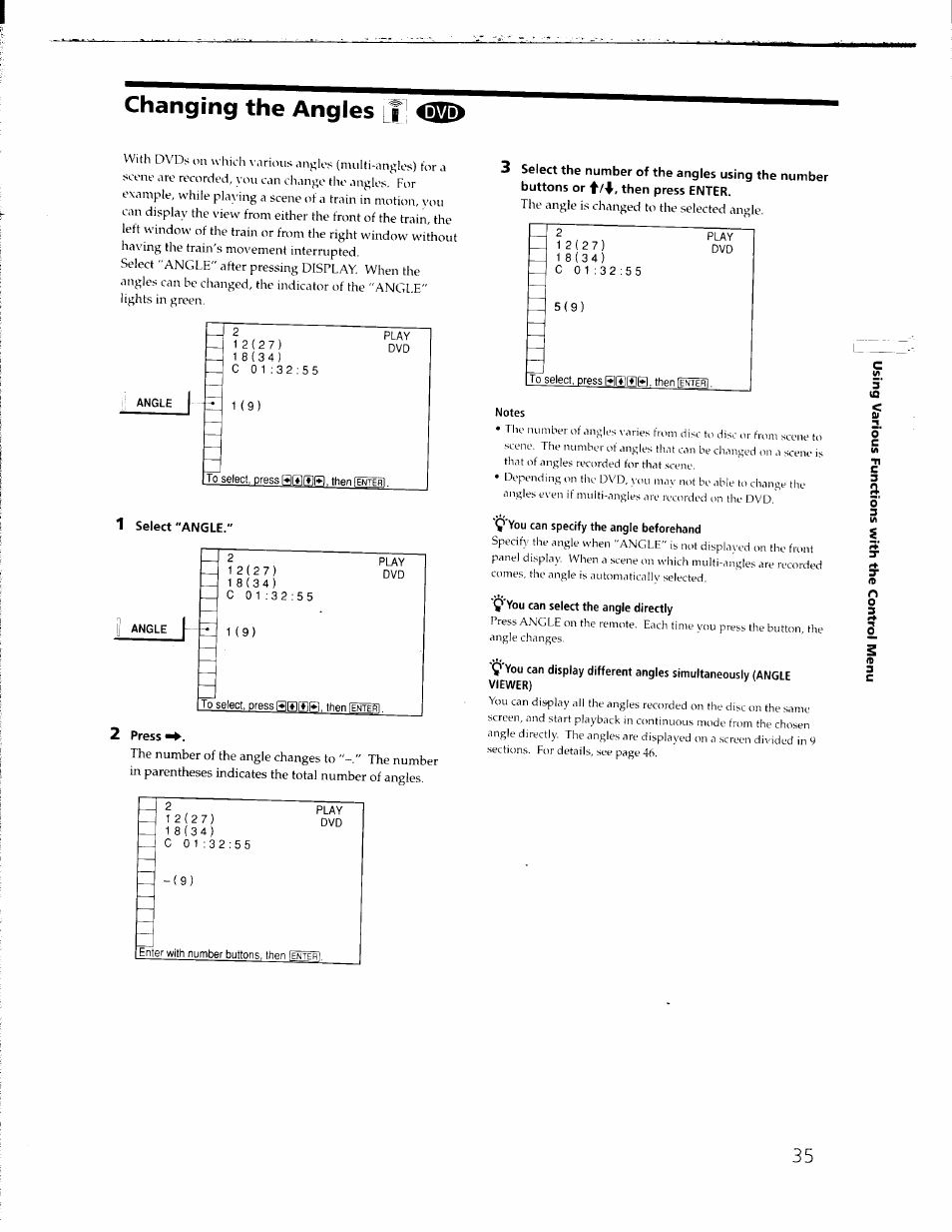 Changing the angles lt, 1 select "angle, 2 press | Changing the angles | Sony DVP-C650D User Manual | Page 35 / 76