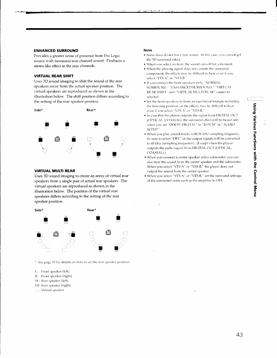 Enhanced surround, Virtual rear shift, Virtual multi rear | O' c c | Sony DVP-C650D User Manual | Page 43 / 76