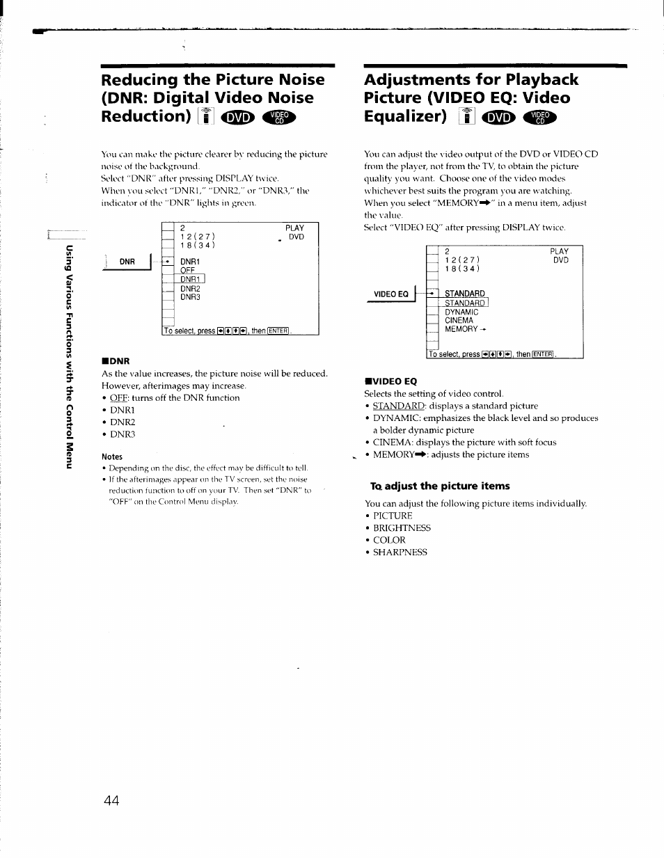 Adjustments for playback picture (video eq: video, Equalizer) lij, To. adjust the picture items | Sony DVP-C650D User Manual | Page 44 / 76