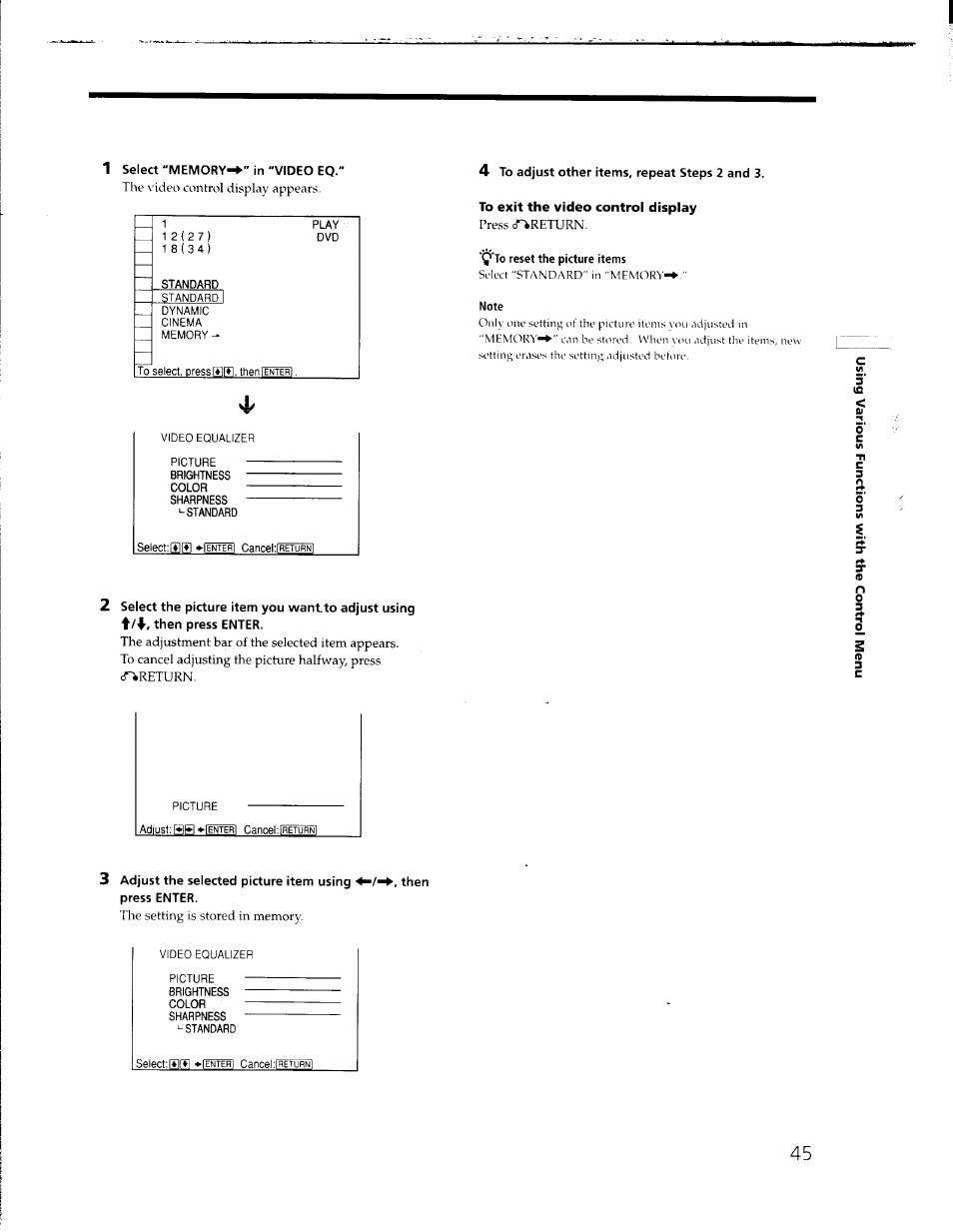 1 select "memory^" in "video eq, 4 to adjust other items, repeat steps 2 and 3, To exit the video control display | 3 adjust the selected picture item using then | Sony DVP-C650D User Manual | Page 45 / 76