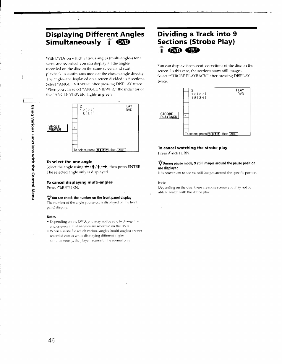 Displaying different angles simultaneously î, Dividing a track into 9 sections (strobe play), To cancel watching the strobe play | To select the one angle, To cancel displaying multi-angles | Sony DVP-C650D User Manual | Page 46 / 76