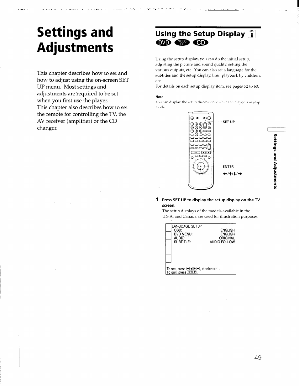 Using the setup display, Settings and adjustments | Sony DVP-C650D User Manual | Page 49 / 76