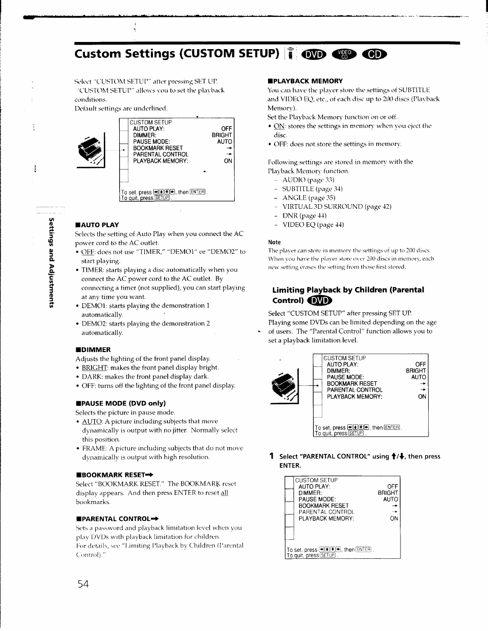 Custom settings (custom setup) ¡1 4s, Limiting playback by children (parental control), Custom settings (custom setup) ¡1 | Auto play, Dimmer, Pause mode (dvd only), Bookmark reset, Parental control | Sony DVP-C650D User Manual | Page 54 / 76