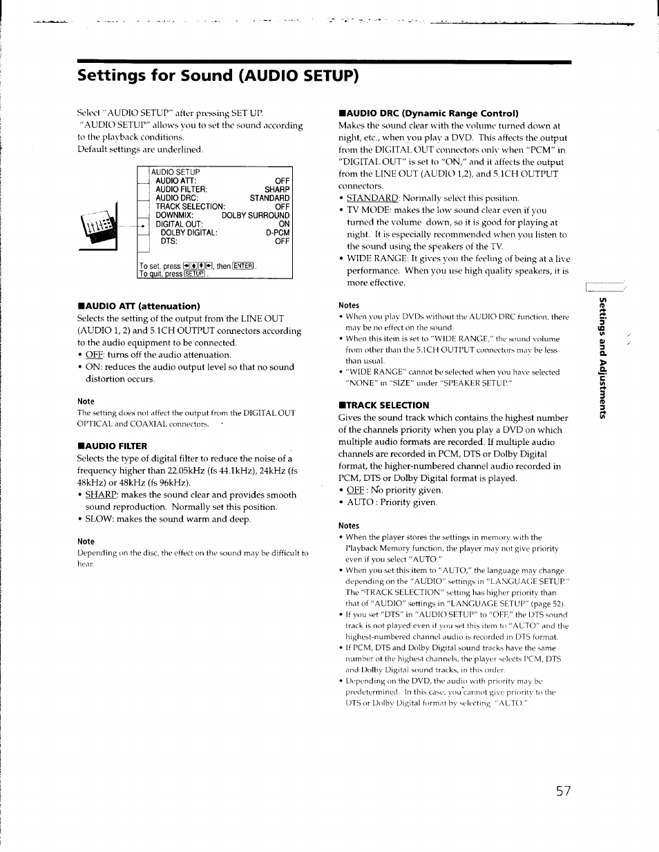 Settings for sound (audio setup), Audio att (attenuation), Audio filter | Audio drc (dynamic range control), Track selection | Sony DVP-C650D User Manual | Page 57 / 76