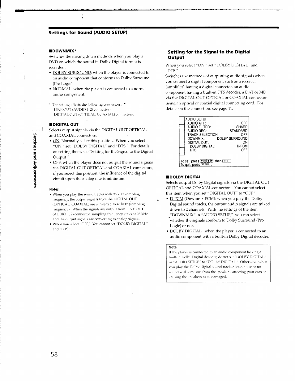 Settings for sound (audio setup), Setting for the signal to the digital output, Downmix | Digital out, Dolby digital | Sony DVP-C650D User Manual | Page 58 / 76