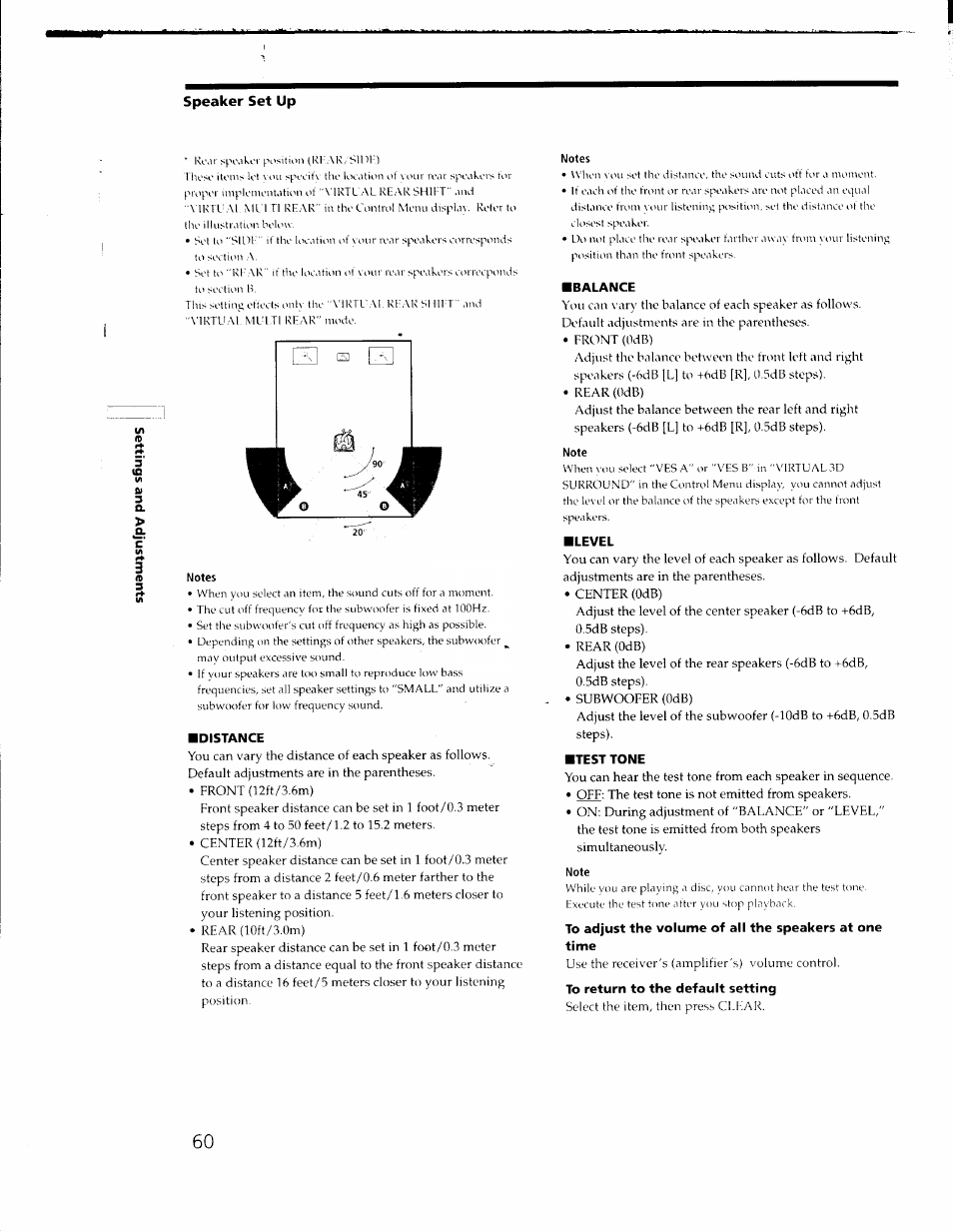 Speaker set up, Balance, Level | Test tone, To return to the default setting, Distance | Sony DVP-C650D User Manual | Page 60 / 76