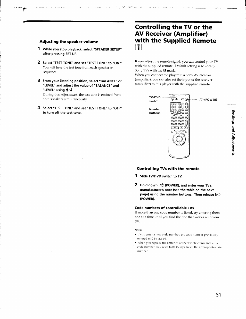 Adjusting the speaker volume, 2 select "test tone" and set "test tone" to "on, Controlling tvs with the remote | 1 slide tv/dvd switch to tv, Code numbers of controllable tvs, Notes, Adjusting the speaker volume 1 | Sony DVP-C650D User Manual | Page 61 / 76