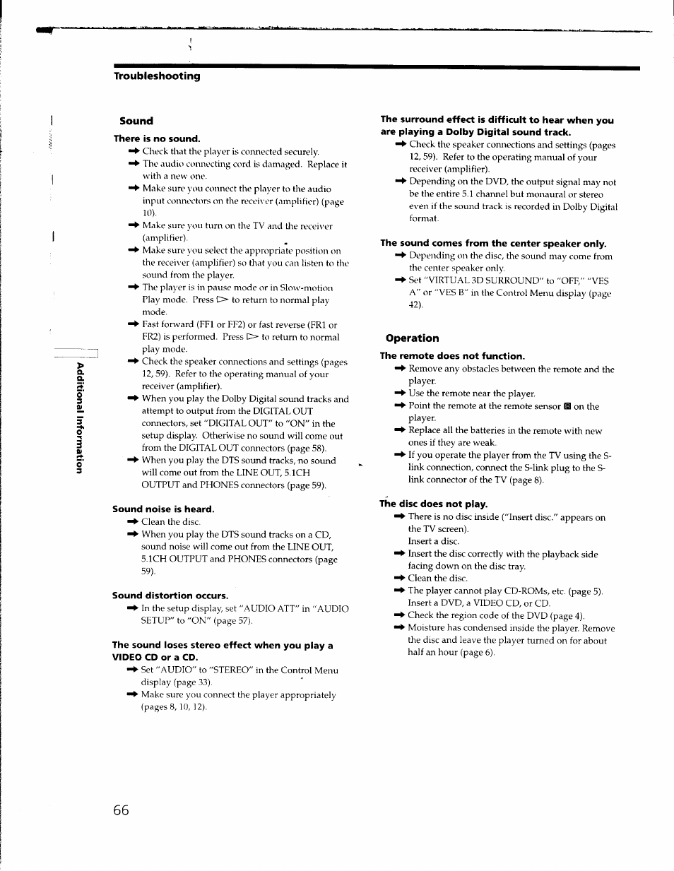 Ivoubleshooting, Sound, There is no sound | Sound noise is heard, Sound distortion occurs, The sound ioses stereo effect when you play a, Video cd or a cd, The sound comes from the center speaker only, Operation, The remote does not function | Sony DVP-C650D User Manual | Page 66 / 76