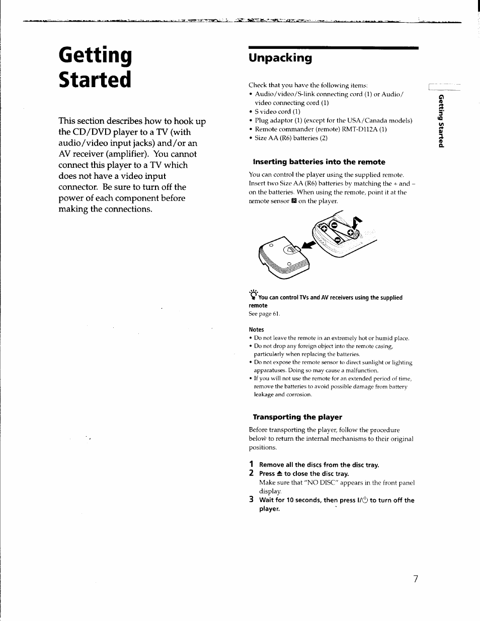 Unpacking, Inserting batteries into the remote, Notes | Transporting the player, 1 remove all the discs from the disc tray, 2 press ± to close the disc tray, Getting started | Sony DVP-C650D User Manual | Page 7 / 76