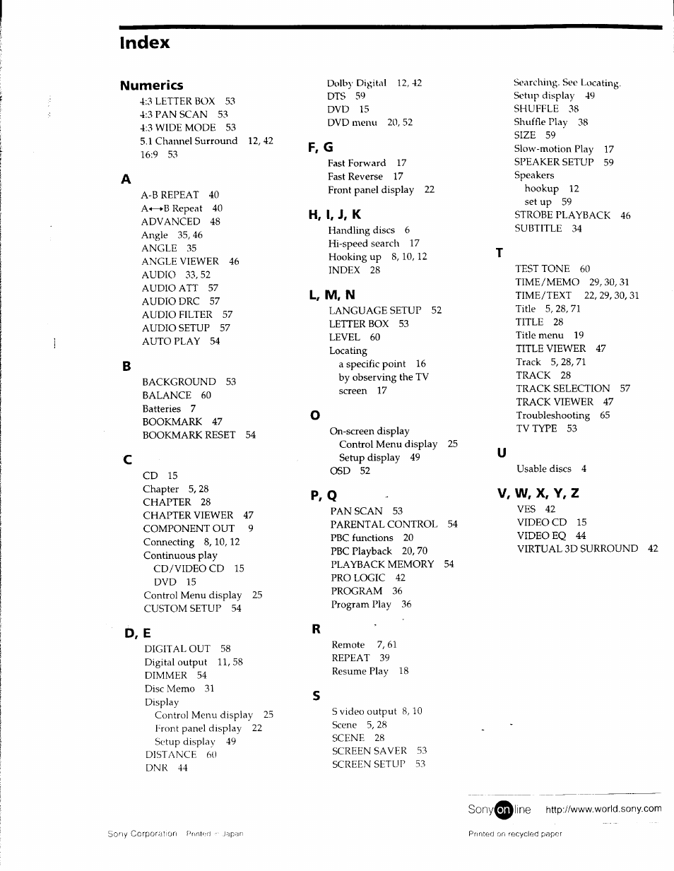 Index, Numerics, F, g | H, i, j, k, L, m, n, P, q, V, w, x, y, z, D, e | Sony DVP-C650D User Manual | Page 76 / 76