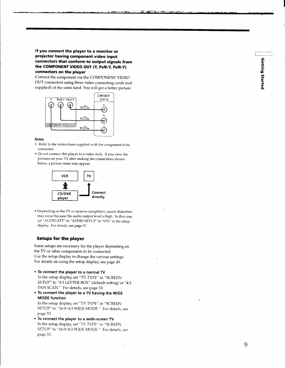 Setups for the player, To connect the player to a normal tv, To connect the player to a wide-screen tv | Sony DVP-C650D User Manual | Page 9 / 76