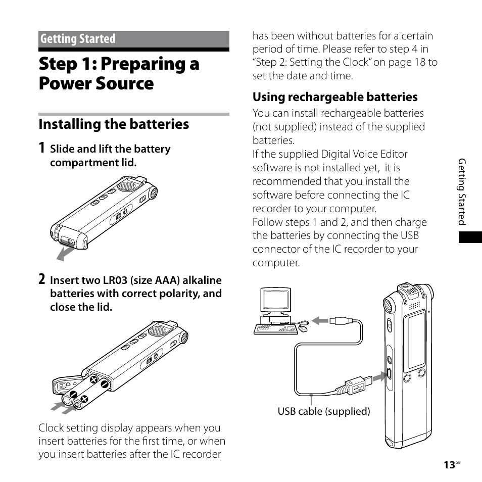 Getting started, Step 1: preparing a power source, Installing the batteries | Sony ICD-SX68 User Manual | Page 13 / 88