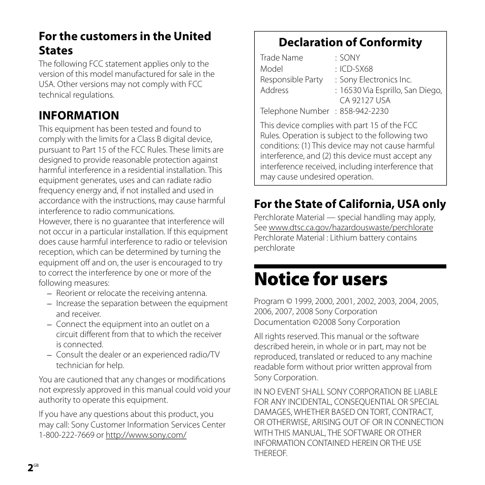 Notice for users, For the customers in the united states, Information | Declaration of conformity, For the state of california, usa only | Sony ICD-SX68 User Manual | Page 2 / 88