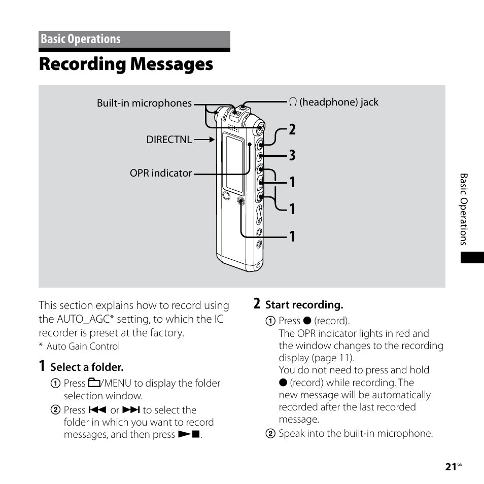 Basic operations, Recording messages | Sony ICD-SX68 User Manual | Page 21 / 88
