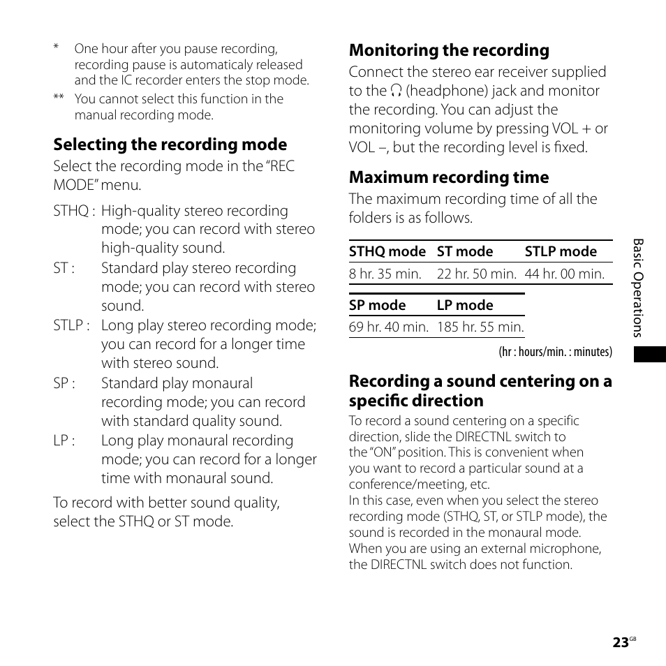 Selecting the recording mode, Monitoring the recording, Maximum recording time | Sony ICD-SX68 User Manual | Page 23 / 88