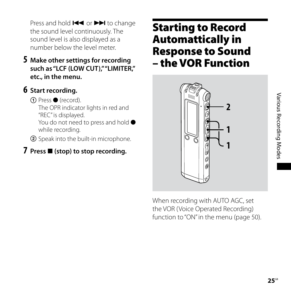 Starting to record automattically, In response to sound, The vor function | Sony ICD-SX68 User Manual | Page 25 / 88