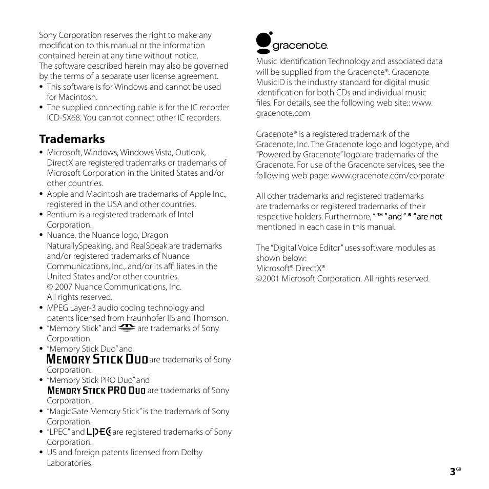 Trademarks | Sony ICD-SX68 User Manual | Page 3 / 88
