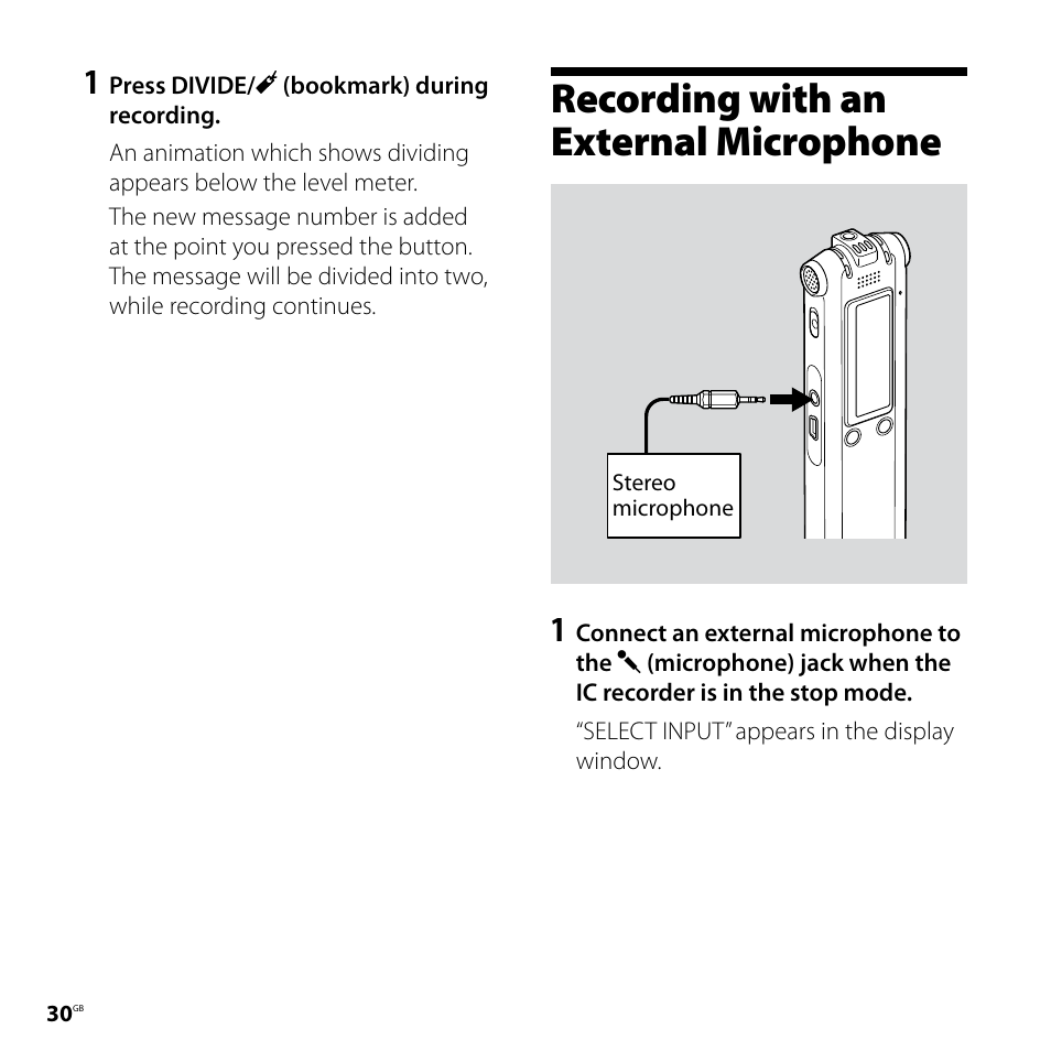 Recording with an external microphone, Recording with an external, Microphone | Sony ICD-SX68 User Manual | Page 30 / 88