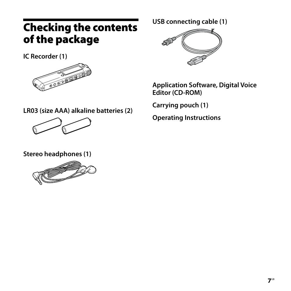 Checking the contents of the package, Checking the contents of the, Package | Sony ICD-SX68 User Manual | Page 7 / 88