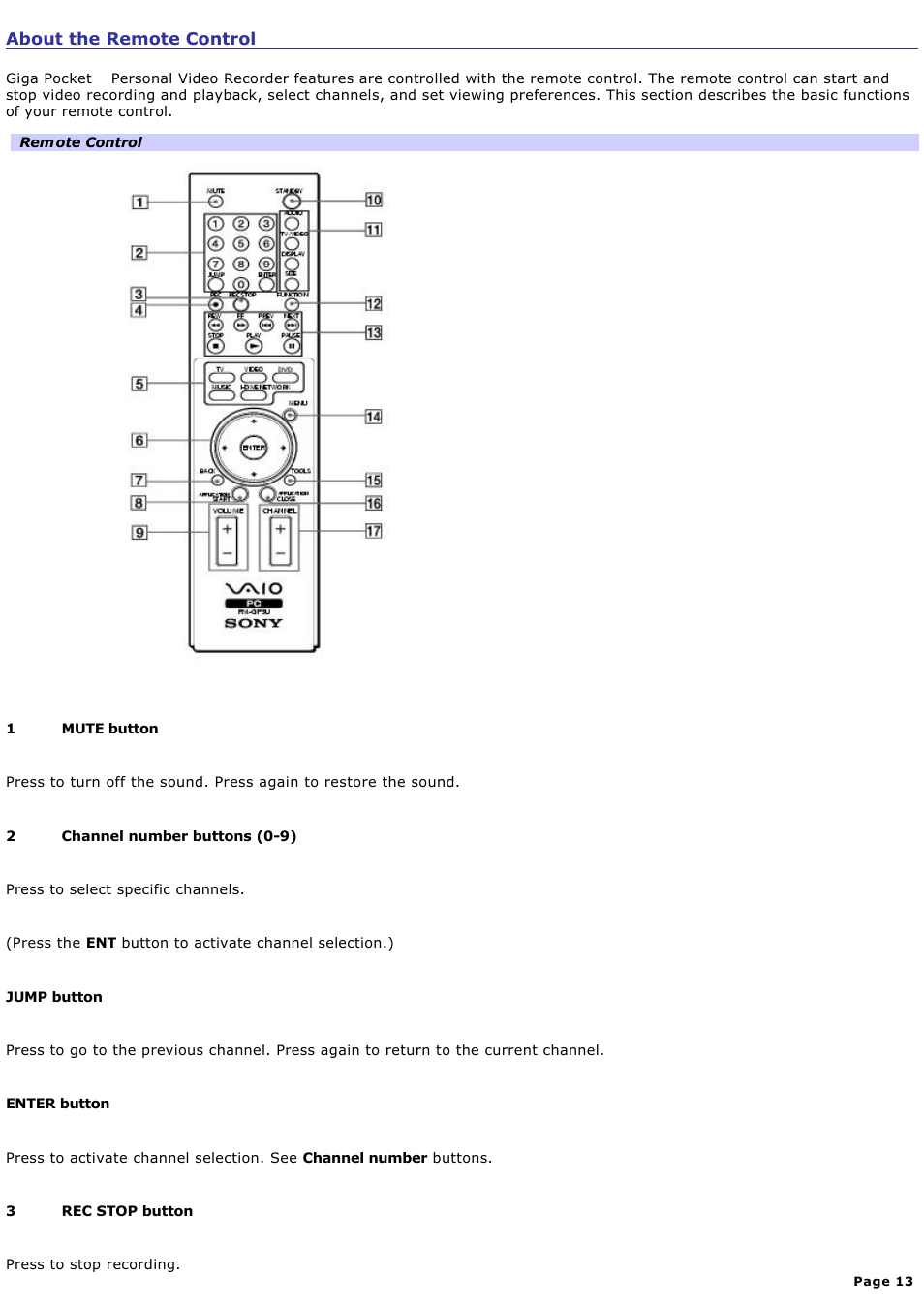 About the remote control | Sony PCV-W600G User Manual | Page 13 / 138