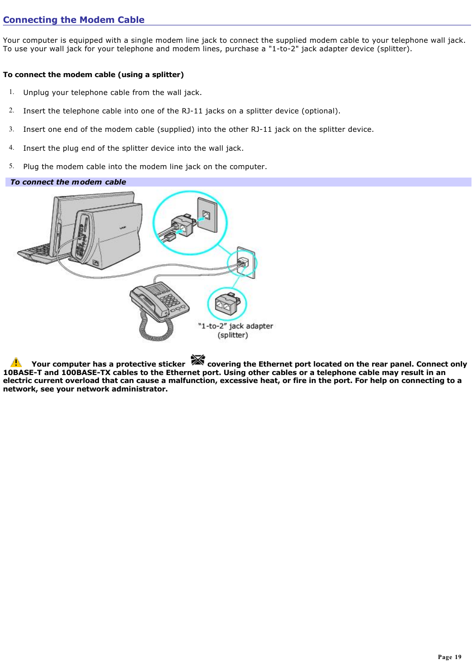 Connecting the modem cable | Sony PCV-W600G User Manual | Page 19 / 138