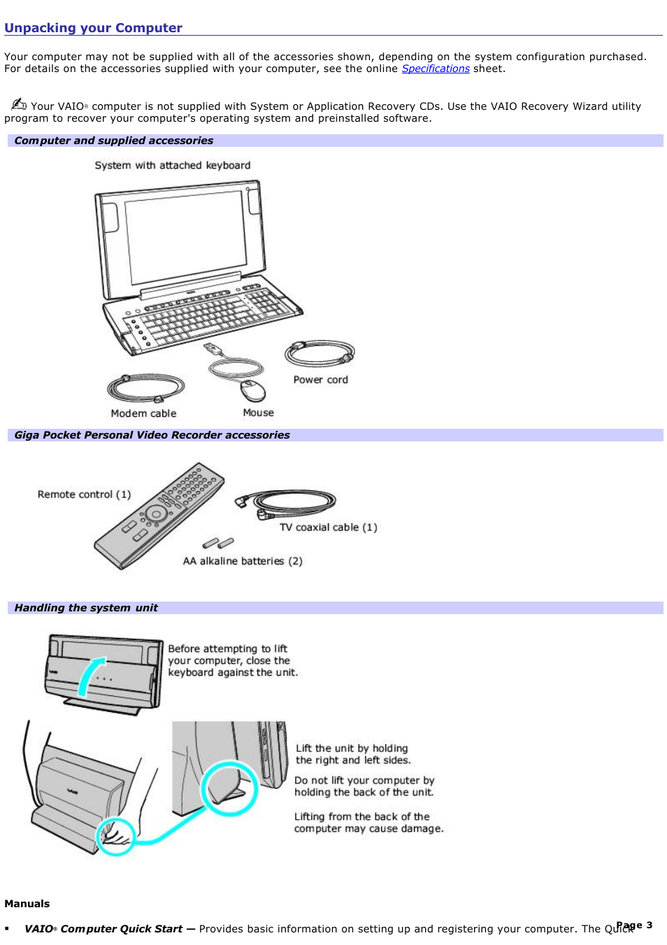 Unpacking your computer | Sony PCV-W600G User Manual | Page 3 / 138