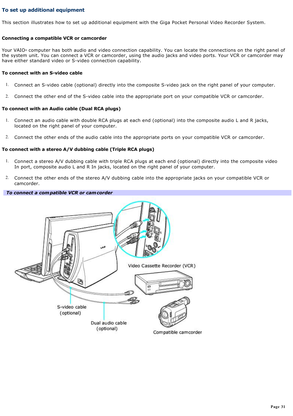 To set up additional equipment | Sony PCV-W600G User Manual | Page 31 / 138