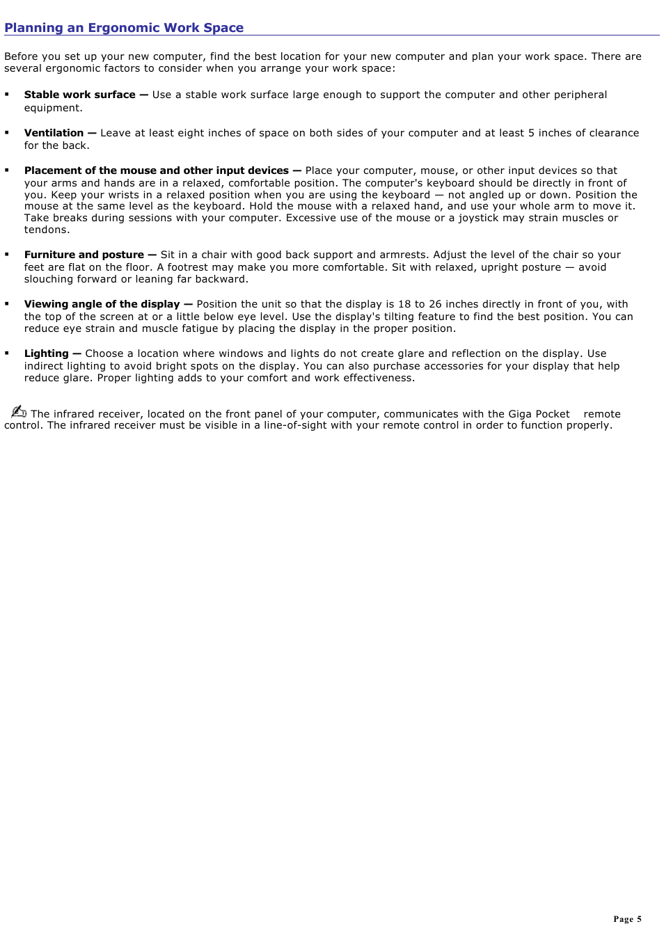 Planning an ergonomic work space | Sony PCV-W600G User Manual | Page 5 / 138