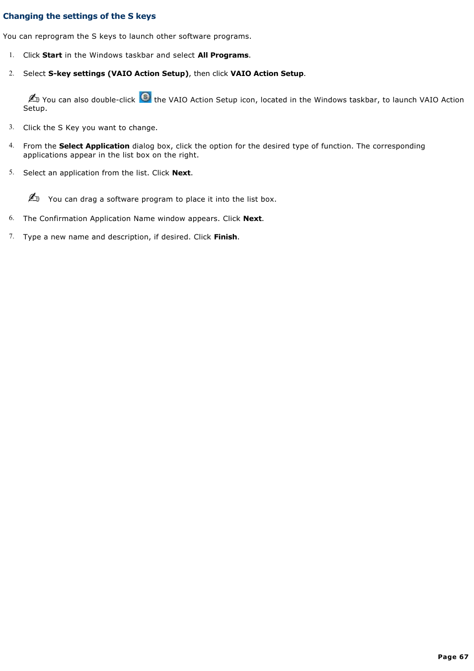 Changing the settings of the s keys | Sony PCV-W600G User Manual | Page 67 / 138