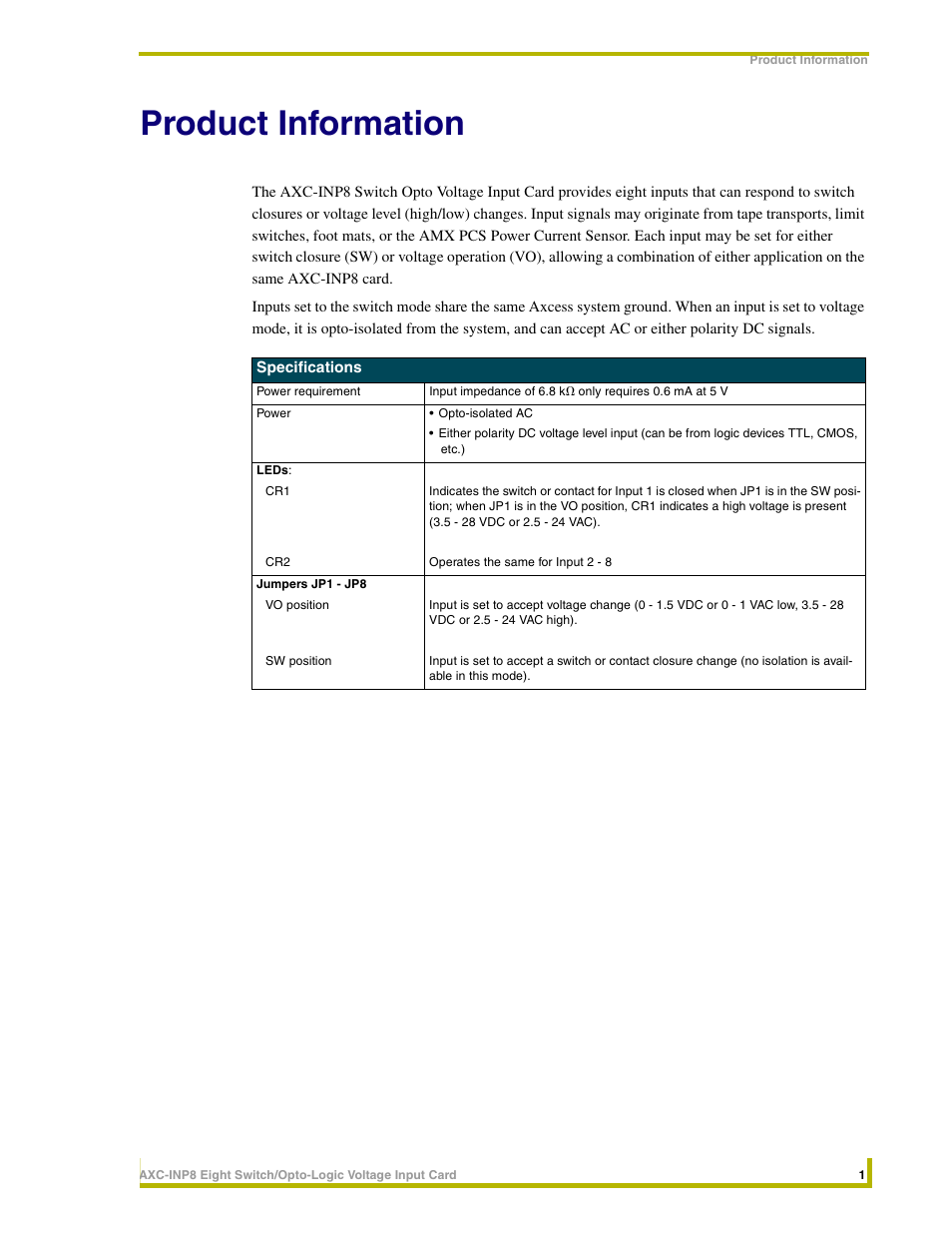 Product information | AMX AXC-INP8 User Manual | Page 5 / 8