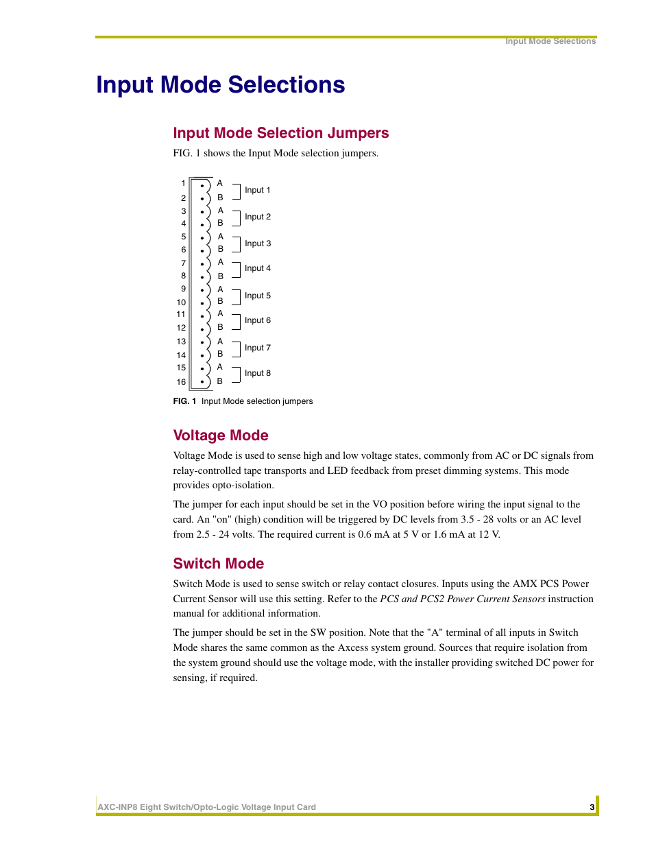 Input mode selections, Input mode selection jumpers, Voltage mode | Switch mode | AMX AXC-INP8 User Manual | Page 7 / 8