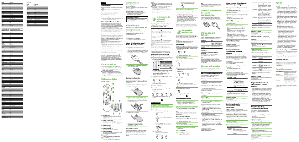 Características, Ubicación de los controles, Antes de usar | Cómo abrir la cubierta del botón de configuración, Configuración del código del fabricante, Asignación de un canal, Cerrar la cubierta del botón de configuración, Utilización del rm-kz1, Ajustes adicionales, Ayuda | Sony RM-KZ1 User Manual | Page 2 / 2