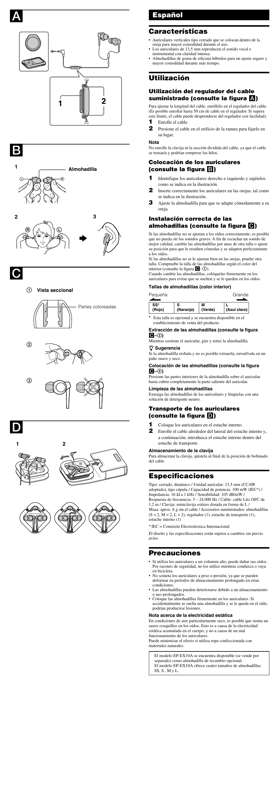 Español características, Utilización, Especificaciones | Precauciones | Sony MDR-EX300LP User Manual | Page 2 / 2