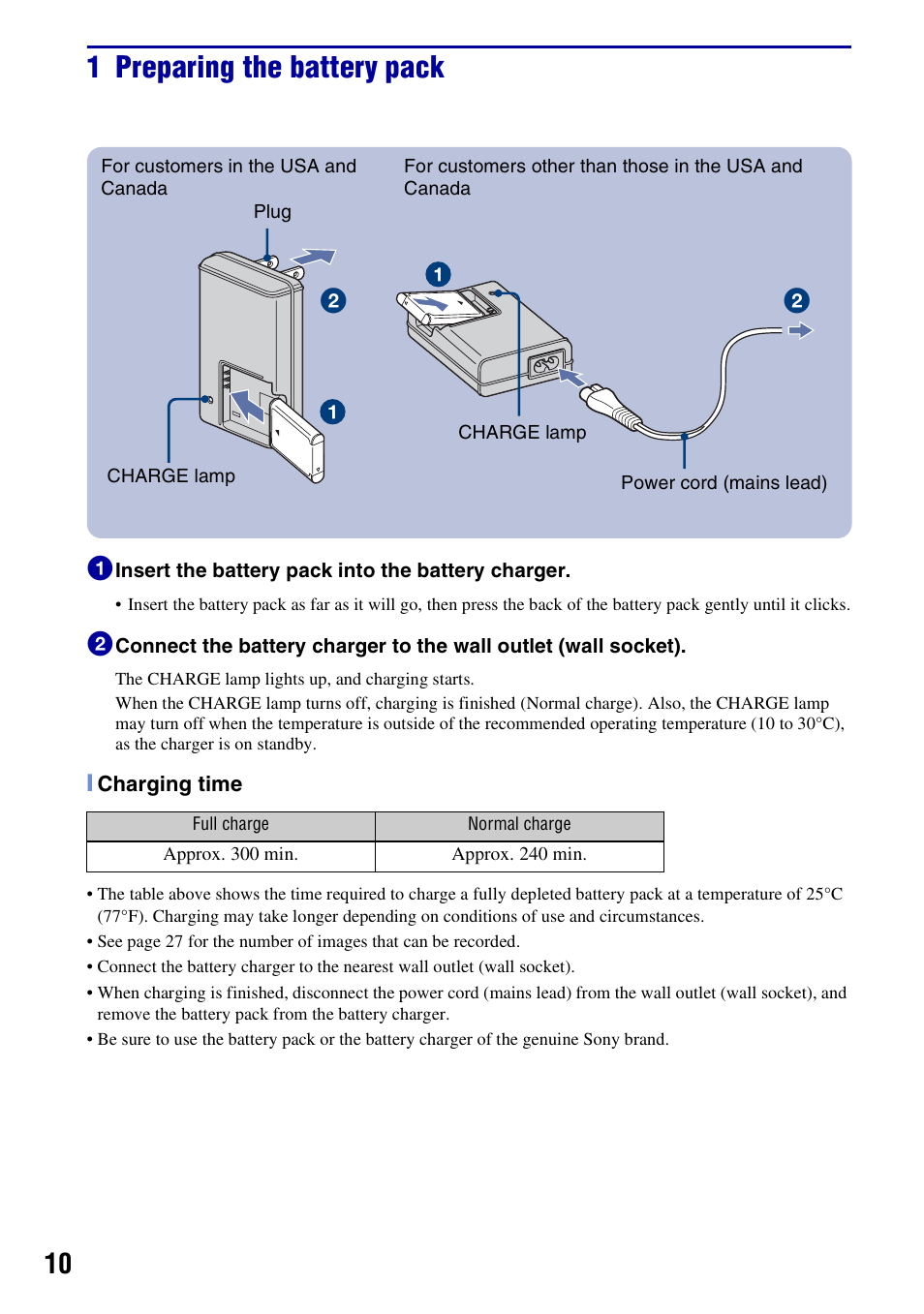 1 preparing the battery pack | Sony DSC-S980 User Manual | Page 10 / 72