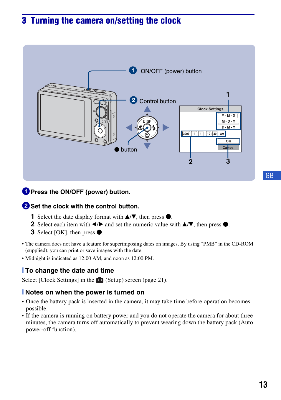 3 turning the camera on/setting the clock | Sony DSC-S980 User Manual | Page 13 / 72