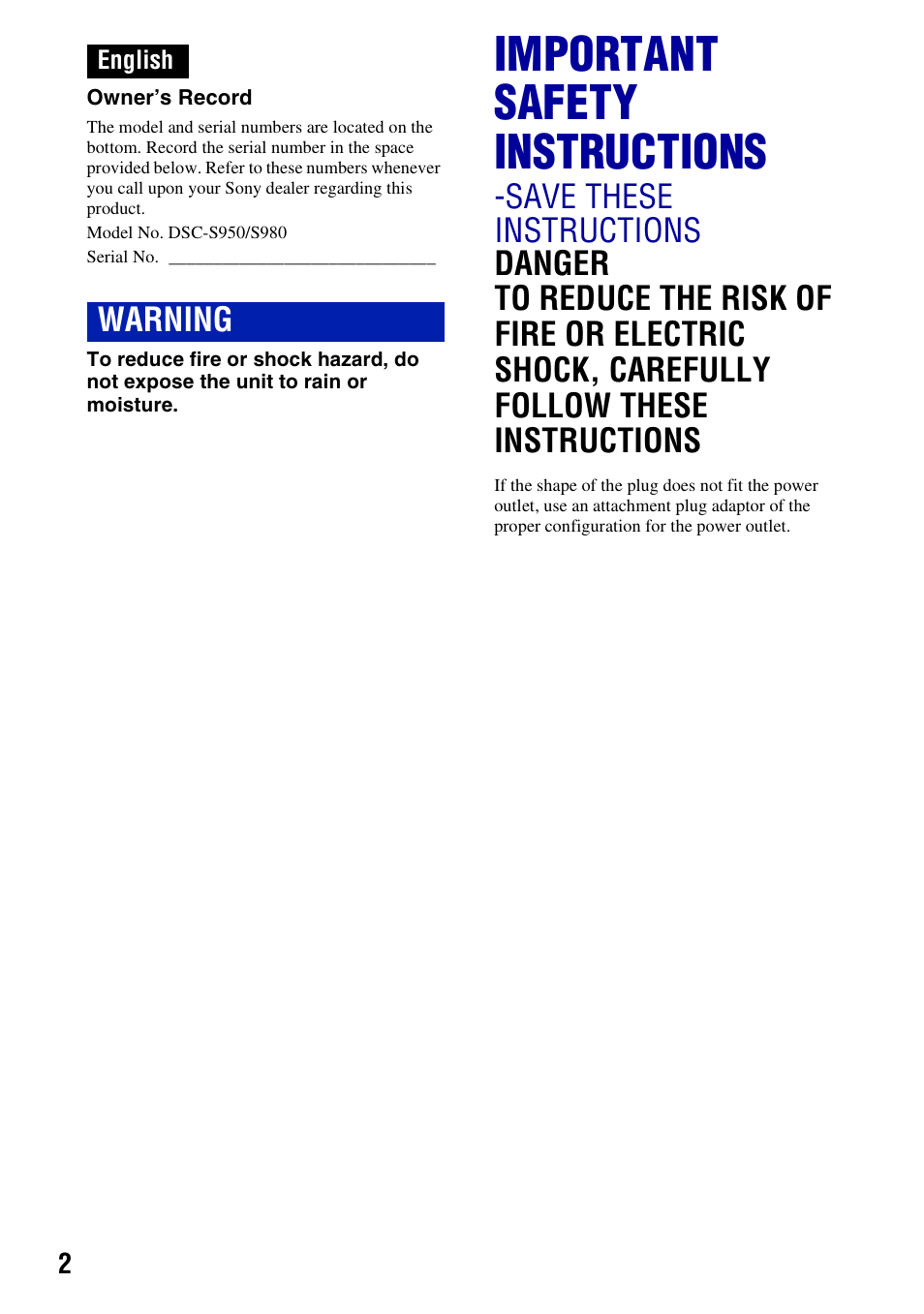 Important safety instructions, Warning | Sony DSC-S980 User Manual | Page 2 / 72