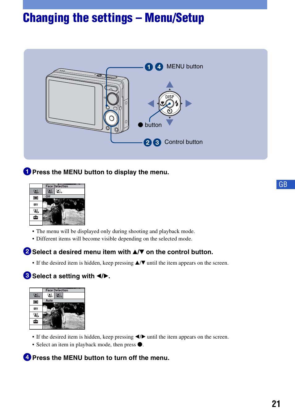 Changing the settings – menu/setup | Sony DSC-S980 User Manual | Page 21 / 72