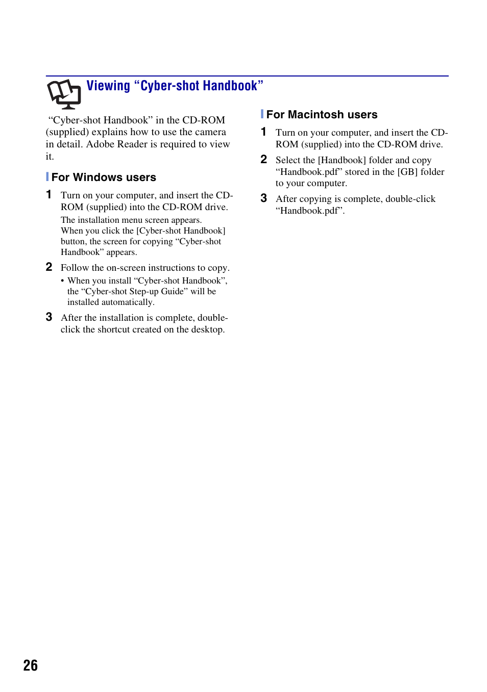 Viewing “cyber-shot handbook | Sony DSC-S980 User Manual | Page 26 / 72