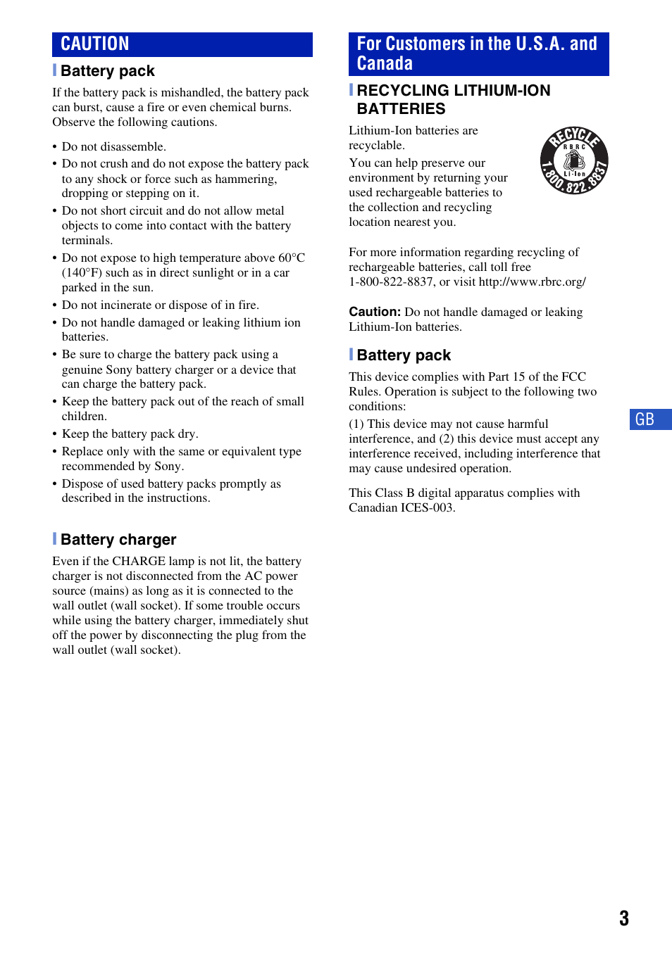 Caution for customers in the u.s.a. and canada | Sony DSC-S980 User Manual | Page 3 / 72