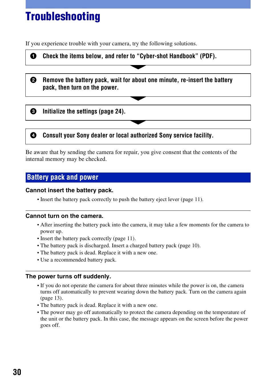 Troubleshooting, Battery pack and power | Sony DSC-S980 User Manual | Page 30 / 72
